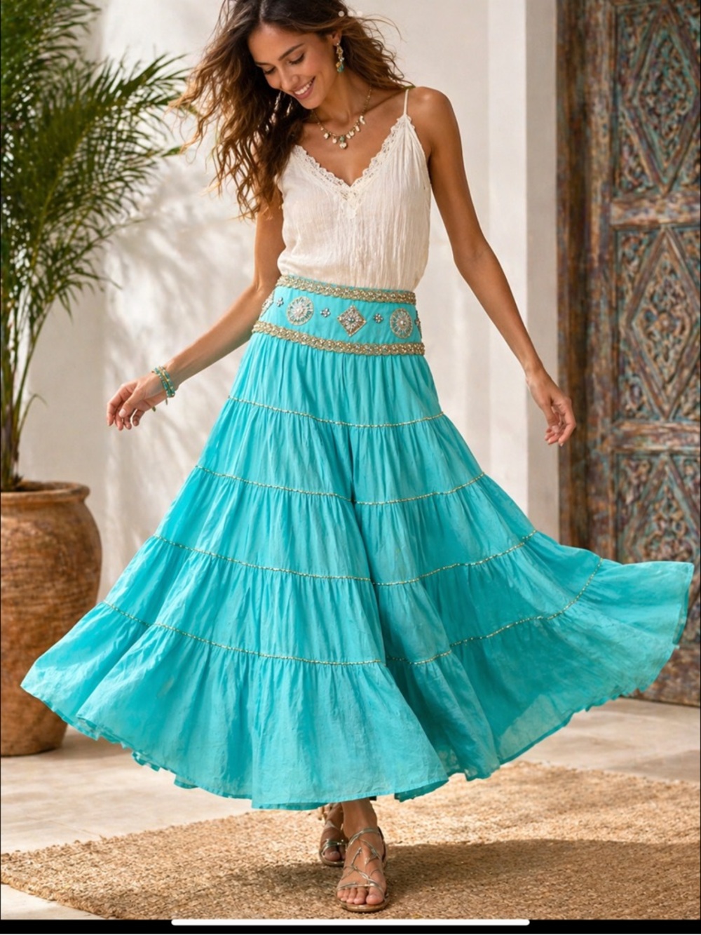 A.B.S Allen Schwartz Hand Beaded Turquoise Cotton Maxi Skirt Boho Resort